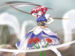  breasts flower hair_bobbles hair_ornament japanese_clothes onozuka_komachi pink_hair red_eyes red_hair redhead scythe short_hair solo spider_lily supon touhou twintails weapon wink 