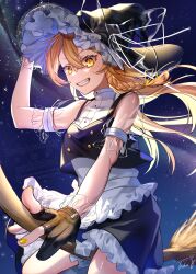  1girl absurdres adapted_costume apron black_gloves black_hat black_skirt black_vest blonde_hair bow braid breasts broom broom_riding commentary_request frilled_skirt frills gloves grin hair_between_eyes hair_ribbon hat hat_bow highres kirisame_marisa kodouirasto long_hair looking_at_viewer marisa_day night partially_fingerless_gloves ribbon see-through_bow see-through_clothes see-through_sleeves side_braid signature single_braid skirt small_breasts smile solo star_(sky) touhou vest waist_apron white_apron witch_hat yellow_eyes yellow_nails yellow_ribbon 