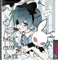  1boy alice's_adventures_in_wonderland alice_(alice_in_wonderland) alice_(alice_in_wonderland)_(cosplay) apron art_program_in_frame black_bow black_hairband blue_dress blue_eyes blue_hair blush bow candy card chocolate chocolate_bar ciel_phantomhive commentary cosplay crossdressing crossdressing_(mtf) dress eyepatch food frilled_straps hair_bow hairband heart heart_key holding holding_chocolate holding_food holding_stuffed_toy key koinurin kuroshitsuji male_focus polka_dot_heart puffy_short_sleeves puffy_sleeves short_sleeves solo striped_background stuffed_animal stuffed_rabbit stuffed_toy untranslatable_commentary upper_body vertical-striped_background white_apron 