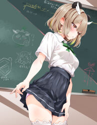  1girl absurdres akai_watame alternate_costume alternate_hairstyle amatsuna_sasaha animal_ears blush breasts brown_eyes brown_hair chalkboard commentary_request fake_animal_ears highres medium_breasts medium_hair nanashi_inc. open_mouth panties school_uniform thigh-highs translation_request underwear virtual_youtuber 