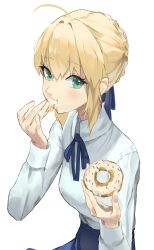 1girl absurdres artoria_pendragon_(fate) blonde_hair blue_ribbon blue_skirt braid braided_base braided_bun bun_with_braided_base doughnut eating fate_(series) food glutton green_eyes hair_bun highres light_blush looking_at_viewer ribbon shirt skirt solo white_background white_shirt zargaz 
