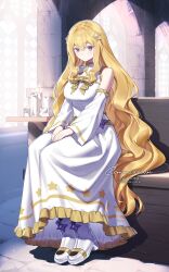  1girl absurdres ankle_boots bare_shoulders blonde_hair blush boots borrowed_character bow candle chain chest_bow closed_mouth collared_dress colored_eyelashes commission detached_sleeves dress full_body gold_chain hair_ornament hands_on_lap highres long_hair looking_at_viewer original pew sitting sleeveless sleeveless_dress solo stained_glass star_(symbol) star_hair_ornament svet_yomi very_long_hair violet_eyes wavy_hair white_boots white_dress wide_sleeves yellow_bow yellow_trim 