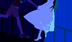  1boy 1girl blue_background brown_shorts dress dress_shoes highres long_hair mari_(omori) omori partial shoes shorts siblings stairs sunny_(omori) two-tone_background wallpaper_(object) white_dress wrzydyspdys 
