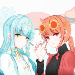  2others blue_hair commentary expressionless eyewear_on_head grin hand_up looking_at_viewer multiple_others onemutya orange_hair personification poke_ball poke_ball_symbol pokemon ponytail red_eyes regice rotom rotom_(heat) sidelocks smile sunglasses turtleneck upper_body yellow_eyes 
