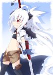  bandage bandages belt flat_chest grin long_hair midriff navel original pointy_ears polearm ponytail profile red_eyes reku shiroko_(reku) shorts smile solo thigh-highs thighhighs weapon white_hair 