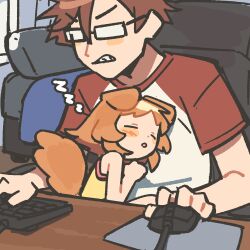  1boy 1girl adam_(umiko_zzz) age_difference angry animal_ears blush brown_hair camisole chair computer_keyboard computer_mouse couch desk dog_ears dog_girl dog_tail dot_nose gaming_chair glasses haru_(umiko_zzz) highres indoors mousepad_(object) on_chair original shirt short_hair sleeping sleeping_on_person swivel_chair tail umiko_zzz white_shirt yellow_camisole zzz 