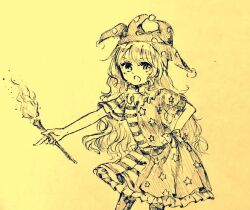  1girl american_flag american_flag_dress american_flag_print asazuki_noa clownpiece commentary_request dress fairy fairy_wings flag_print frilled_dress frills hat highres holding holding_torch jester_cap long_hair looking_at_viewer monochrome neck_ruff open_mouth polka_dot_headwear short_sleeves solo star_(symbol) star_print striped_clothes striped_dress torch touhou very_long_hair wings yellow_theme 