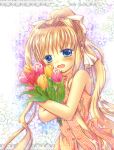  1girl air blonde_hair blue_eyes bouquet casual flower hinokami_sakura kamio_misuzu long_hair ponytail solo 