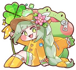  1girl :d artist_request blunt_bangs blush_spirals blush_stickers boots braid brown_hat chibi chibi_only clover four-leaf_clover frog full_body game_asset green_eyes green_hair hair_ornament hairclip hat hood hood_down long_hair long_sleeves looking_at_viewer lowres non-web_source official_art open_mouth parallel_hairclips raincoat rubber_boots self-datamine simple_background sitting smile solo transparent_background trickcal ui_(trickcal) very_long_hair yellow_boots yellow_raincoat 