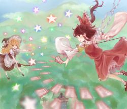 2girls apron asazuki_noa ascot between_fingers black_hat black_skirt black_vest blonde_hair bloomers bow braid broom broom_riding brown_eyes brown_hair building commentary_request danmaku detached_sleeves duel frilled_bow frilled_hair_tubes frills gohei hair_bow hair_tubes hakurei_reimu hakurei_shrine hat hat_bow highres holding holding_gohei holding_ofuda kirisame_marisa long_hair multiple_girls ofuda ofuda_between_fingers red_bow red_skirt ribbon-trimmed_sleeves ribbon_trim side_braid single_braid skirt skirt_set star_(symbol) touhou vest waist_apron white_apron white_bloomers white_bow witch_hat yellow_ascot yellow_eyes 