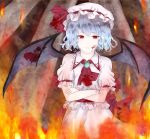 amagosi bat_wings blood blood_on_face blue_hair brooch dress fire hat jewelry red_eyes remilia_scarlet short_hair solo touhou wings 