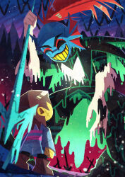  1girl 1other absurdres blue_shorts blue_skin blue_sweater brown_hair brown_shoes closed_eyes colored_skin dripping elbow_gloves fins frisk_(undertale) giant giantess gloves grin head_fins highres holding holding_polearm holding_weapon hollow_eyes melting polearm red_hair scar scar_across_eye scar_on_face shoes short_hair shorts size_difference smile standing sweater trident undertale undyne undyne_the_undying utdr_(toby_fox) watawata22 weapon white_gloves 