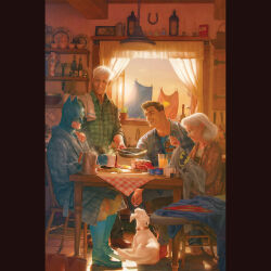 1girl 3boys bat_mask batman batman_(series) batman_symbol bruce_wayne clark_kent clark_kent_(civilian) comic_cover cover cover_page dc_comics dinner father_and_child father_and_son happy highres indoors jonathan_kent_sr. martha_kent mother_and_child mother_and_son multiple_boys old old_man old_woman parent_and_child rahzahh smile superman superman_logo table 