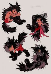  1boy all_fours animal animal_ear_fluff animal_ears animal_feet animal_hands black_eyes black_hair brown_hair chibi collar colored_inner_hair colored_sclera colored_skin commentary digitigrade english_commentary grey_background hair_over_one_eye highres long_hair looking_at_viewer luli_(crocowolf333) male_focus messy_hair metal_collar monster_boy multicolored_hair multiple_views original red_shorts red_skin shorts simple_background tail topless_male very_long_hair wolf wolf_boy wolf_ears wolf_tail yellow_sclera 