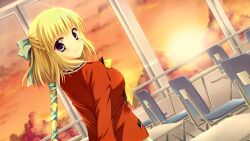  1girl arms_behind_back ayamisiro black_bow blonde_hair bow bowtie chair closed_mouth clouds desk from_behind hair_bow half_updo indoors jacket lapels light_smile long_sleeves looking_at_viewer looking_back love-ressive low_ponytail medium_hair non-web_source otonashi_ophilia_reo pleated_skirt ponytail red_jacket school school_chair school_desk school_uniform skirt standing sunset white_skirt wide_sleeves window yellow_bow yellow_bowtie 