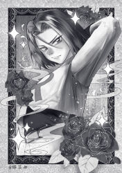  1boy absurdres black_gloves blue_hair chinese_commentary commentary_request crop_top flower gloves greyscale highres james_(pokemon) looking_at_viewer monochrome pokemon pokemon_(anime) pokemon_(classic_anime) rose single_letter solo solo_focus sparkle sparkling_aura team_rocket team_rocket_uniform thorns-cicici white_background 