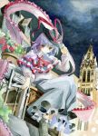  absurdres blush building church city cross food fruit hand_on_hat hat highres nagae_iku night night_sky peach purple_hair red_eyes ribbon shawl short_hair skirt sky solo star_(sky) starry_sky sxbzero touhou traditional_media watercolor_(medium) 