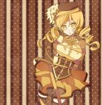  :o bdsm beret blonde_hair bondage breasts drill_hair hair_ornament hat large_breasts magical_girl mahou_shoujo_madoka_magica moso pleated_skirt ribbon skirt solo thigh-highs thighhighs tomoe_mami yellow_eyes 