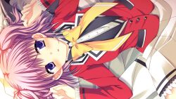  1girl :o ;o ayamisiro bed_sheet black_bow blue_eyes blush bow bowtie buttons frills from_above from_side haizawa_ena jacket lapels long_sleeves love-ressive lying miniskirt non-web_source nose_blush on_back on_bed one_eye_closed pleated_skirt purple_hair red_jacket school_uniform short_hair skirt two_side_up w_arms white_skirt yellow_bow yellow_bowtie 