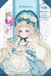  1girl alice's_adventures_in_wonderland alice_(alice_in_wonderland) apron artist_name bare_shoulders blonde_hair blue_bonnet blue_dress blue_eyes bonnet bottle commentary_request copyright_notice cowboy_shot cup dated dress hane_segawa holding holding_cup holding_saucer long_hair off-shoulder_dress off_shoulder parted_lips saucer short_sleeves solo teacup twitter_username watermark white_apron 