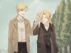  2boys alphonse_elric arm_at_side belt black_belt black_coat black_pants black_vest blonde_hair blue_eyes blue_sky brothers brown_jacket coat collared_shirt cowboy_shot day edward_elric flower fullmetal_alchemist grin hand_up holding holding_flower jacket long_hair long_sleeves looking_at_another multiple_boys one_eye_closed open_clothes open_coat open_jacket outdoors pants popped_collar pudding49500 shirt short_hair siblings sidelocks sky smile suit_jacket swept_bangs tree very_short_hair vest waistcoat white_shirt yellow_eyes 
