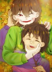  2019 2d 2others ambiguous_gender arm_up blurry blurry_background brown_hair chara_(undertale) db-bird digital_media double_horizontal_stripe duo flower frisk_(undertale) green_sweater hand_on_another's_chin hand_on_another's_head holding holding_stick horizontal-striped_clothes human long_sleeves multiple_others one_eye_closed open_mouth other_focus pink_stripes purple_sweater red_eyes short_hair single_horizontal_stripe smile stick striped_clothes striped_sweater sweater two-tone_sweater undertale utdr_(toby_fox) yellow_flower yellow_stripes 