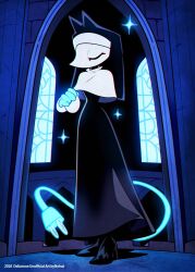  1girl animal_ears black_dress black_veil cable cable_tail cat_ears cat_girl church closed_eyes coif commentary deltarune dress electric_plug electric_plug_tail full_body furry furry_female guimpe highres mechanical_tail nelnal nun nun_headdress official_artist_extra own_hands_clasped own_hands_together praying rayman_limbs solo tail tasque_manager traditional_nun untranslatable_commentary utdr_(toby_fox) veil 