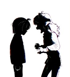  1girl 1other chinese_commentary commentary_request debdeb555 deltarune highres kris_(deltarune) long_hair long_sleeves noelle_holiday open_mouth sharp_teeth short_hair silhouette teeth utdr_(toby_fox) weird_route_(deltarune) 