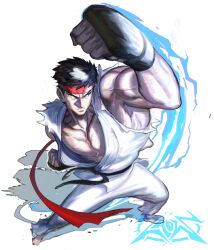  1boy arm_up bare_pectorals bare_shoulders barefoot belt black_belt black_gloves brown_eyes brown_hair closed_mouth collarbone commentary dougi dynamic_pose english_commentary fingerless_gloves frown gloves headband ian_zhou looking_to_the_side male_focus pants pectorals red_headband ryu_(street_fighter) short_hair sideways_glance solo standing street_fighter torn_clothes torn_sleeves v-shaped_eyebrows veins veiny_arms very_short_hair white_background white_dougi white_pants 