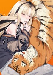  1girl absurdres black_hair black_tank_top blonde_hair chain chain_around_neck chain_necklace cuddling_animal curtained_hair flow_glow_(hololive) highres hololive hololive_dev_is jacket jewelry klai koganei_niko koganei_niko_(1st_costume) multicolored_hair necklace orange_background signature sleeping sleeping_animal sleeping_together sukajan tank_top tiger tongue tongue_out two-tone_hair watermark 