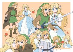  1boy 1girl :o apple arm_hug belt blonde_hair blue_dress blue_eyes blue_shoes blush border bracelet brown_belt brown_cape brown_shirt cape chibi chibi_inset commentary_request curtained_hair dress flying_sweatdrops food forehead_jewel fruit gold_bracelet green_hat green_tunic hat high_heels highres holding holding_food holding_fruit holding_hands holding_lantern holding_sword holding_weapon hood hooded_cape jewelry lantern link long_hair master_sword opleillle orange_background phrygian_cap pointy_ears princess_zelda puffy_short_sleeves puffy_sleeves shirt shoes short_hair short_sleeves sidelocks sitting smile sweat sword the_legend_of_zelda the_legend_of_zelda:_a_link_to_the_past translation_request tunic twitter_username v-shaped_eyebrows weapon white_border white_cape white_dress white_tunic 