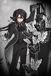  1boy absurdres ascot asymmetrical_gloves black_ascot black_butterfly black_coat black_eyes black_hair black_pants black_vest bug butterfly butterfly_hair_ornament coat coffin collared_shirt commentary commentary_request e.g.o_(project_moon) feet_out_of_frame formal_clothes gatling_gun gloves gun hair_ornament hand_on_weapon highres jjong_(7_jjong_9) lapels limbus_company long_hair long_sleeves male_focus minigun mismatched_gloves monarch_butterfly notched_lapels pants project_moon shirt solemn_lament_(e.g.o) solo suit too_many too_many_butterflies very_long_hair vest weapon white_butterfly white_gloves white_shirt white_trim yi_sang_(project_moon) zoom_layer 
