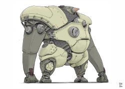  1other braydan_barrett commentary drill english_commentary full_body grin highres robot shadow sharp_teeth signature simple_background smile standing teeth white_background 