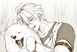  1boy animal animal_hug arm_belt belt belt_buckle blush buckle commentary_request crossed_bangs dog earrings greyscale hair_between_eyes hair_intakes highres honkai:_star_rail honkai_(series) hug hukami_dori jewelry looking_at_another male_focus monochrome neck_tattoo one_eye_closed open_mouth phainon_(honkai:_star_rail) piercing shirt short_hair short_sleeves smile solo stud_earrings sun_symbol sun_tattoo tattoo upper_body 