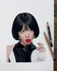  1.m.fine 1girl art_tools_in_frame black_dress black_hair black_nails blue_eyes bob_cut candy choi_yena colored_pencil commentary_request dress east_asian food food_in_mouth highres holding holding_candy holding_food holding_lollipop k-pop korean_commentary lollipop lollipop_in_mouth looking_to_the_side making-of_available pencil photo_(medium) portrait real_life realistic short_hair sleeveless sleeveless_dress solo white_background 