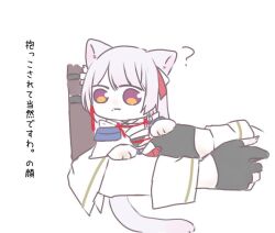  2girls :3 ? animal_ears animal_hands assault_lily black_gloves cat_ears cat_girl cat_paws cat_tail closed_mouth commentary detached_sleeves disembodied_hand flower funada_ui gloves grey_hair hair_flower hair_ornament hair_ribbon hand_on_another's_arm holding holding_mini_person japanese_clothes kemonomimi_mode kimono long_hair looking_at_viewer mini_person minigirl mole mole_under_eye multiple_girls nagasawa_yuki_(assault_lily) nigari_(ngari_0115) obi obijime partially_fingerless_gloves red_ribbon ribbon sash simple_background solo_focus tail translated violet_eyes white_background white_flower white_kimono 