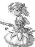  absurdres arrow bow_(weapon) bubble_skirt choker face gloves highres jewelry kaname_madoka lips looking_at_viewer magical_girl mahou_shoujo_madoka_magica monochrome pendant pink_eyes pink_hair puffy_sleeves short_hair short_twintails simple_background sketch solo twintails weapon work_in_progress yoshikawa_kazunori 