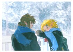  1boy 1girl black_jacket blonde_hair blue_scarf blush border character_charm charm_(object) commentary_request earrings gloves hair_ornament hair_tie hairclip highres jacket jewelry korok ling5707 link looking_at_another low_ponytail parted_bangs ponytail princess_zelda red_gloves scarf short_hair sidelocks the_legend_of_zelda the_legend_of_zelda:_tears_of_the_kingdom white_border winter 