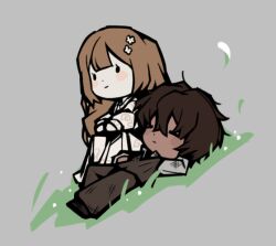  1boy 1girl blush_stickers brown_hair brown_sweater_vest catherine_(project_moon) chibi child closed_eyes closed_mouth dress flower grass hair_flower hair_ornament heathcliff_(project_moon) limbus_company official_art project_moon sleeping smile sweater_vest white_dress white_flower 