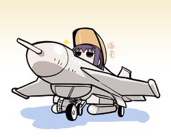  airplane akemi_homura black_hair chibi f-2 fighter_jet flat_gaze homu jet mahou_shoujo_madoka_magica open_cockpit ryouchin solo 