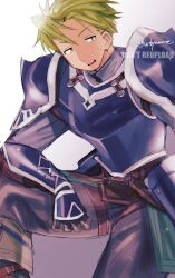  1boy aran_(fire_emblem) arm_guards armor artist_name blue_armor feet_out_of_frame fire_emblem fire_emblem:_radiant_dawn gradient_background green_eyes green_hair grey_background highres leaning_forward open_mouth sweat wdyamnte white_background white_trim 