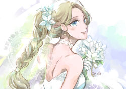  1girl absurdres back bare_shoulders bianca_(dq5) blonde_hair blue_eyes blush bouquet braid braided_ponytail breasts bridal_veil bride choker closed_mouth commentary dragon_quest dragon_quest_v dress earrings flower from_side hair_flower hair_ornament highres holding holding_bouquet isa_(chiyo-s) jewelry large_breasts long_hair solo sphere_earrings strapless strapless_dress upper_body veil wedding_dress white_choker white_dress white_flower 