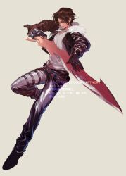  1boy belt black_boots black_gloves black_jacket black_pants boots brown_belt brown_hair commentary_request cropped_jacket final_fantasy final_fantasy_viii full_body fur-trimmed_jacket fur_trim gloves grey_background gunblade highres holding holding_weapon jacket jewelry leather leather_jacket male_focus multiple_belts necklace nini_tw99 pants parted_bangs scar scar_on_face shirt short_hair solo squall_leonhart studded_belt studs thigh_strap twintails weapon white_shirt 