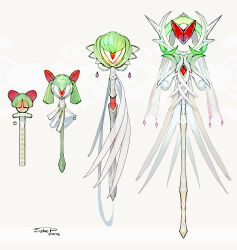  absurdres commentary_request dated gardevoir highres impasto kirlia mega_gardevoir no_humans objectification painterly pokemon pokemon_(creature) ralts signature simple_background staff sukepmonster wand 