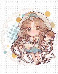  1girl absurdres artist_request braid brown_eyes brown_hair brown_shoes chibi closed_mouth commission dress everecho_(reverse:1999) full_body hand_puppet hand_up heterochromia highres leg_warmers long_hair looking_at_viewer multiple_braids polka_dot polka_dot_background puppet reverse:1999 second-party_source shoes short_dress solo veil very_long_hair white_background white_dress white_leg_warmers white_veil 