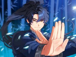  a389nsd bamboo bamboo_forest blue_hair blue_hanfu chinese_clothes commentary_request dragon_print falling_petals fighting_stance forest hanfu high_ponytail highres korean_commentary martial_arts namgung_hyeok nature night open_hands orange_eyes petals ponytail sandbox_network smile smug 