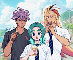  3boys aqua_hair black_shirt blonde_hair blue_eyes blue_necktie boc384 bottle clouds collared_shirt commentary_request cup dark-skinned_male dark_skin day disposable_cup holding holding_bottle holding_cup inazuma_eleven_(series) inazuma_eleven_victory_road long_hair male_focus multicolored_hair multiple_boys necktie open_mouth outdoors purple_hair sakurazaki_jouji sasanami_unmei shirt short_sleeves striped_clothes striped_necktie two-tone_hair two-tone_necktie upper_body white_shirt yagyuu_suruga 