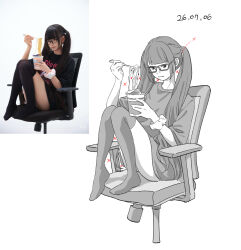  1girl black_hair black_thighhighs chair chopsticks closed_mouth dated eating food full_body glasses highres holding instant_cup_noodles instant_noodles knees_up long_hair no_shoes noodles on_chair original photo_inset reference_inset rkgusl662 scrunchie shirt short_sleeves simple_background sitting solo swivel_chair t-shirt thigh-highs twintails white_background wrist_scrunchie 