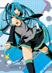  aqua_eyes aqua_hair ask02 detached_sleeves hatsune_miku headphones highres long_hair looking_back necktie open_mouth skirt smile solo thigh-highs thighhighs twintails very_long_hair vocaloid zettai_ryouiki 
