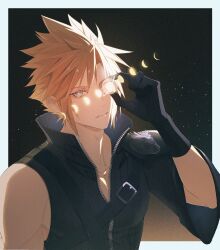  1boy armor black_background black_gloves black_sleeves black_vest blonde_hair border cloud_strife commentary fenrir_(ff7) final_fantasy final_fantasy_vii final_fantasy_vii:_advent_children gloves hair_between_eyes highres looking_at_viewer lyell_ff14 male_focus moon_phases parted_lips pauldrons popped_collar ribbed_vest short_hair shoulder_armor single_bare_shoulder single_pauldron single_sleeve solo spiky_hair untranslatable_commentary upper_body vest white_border 
